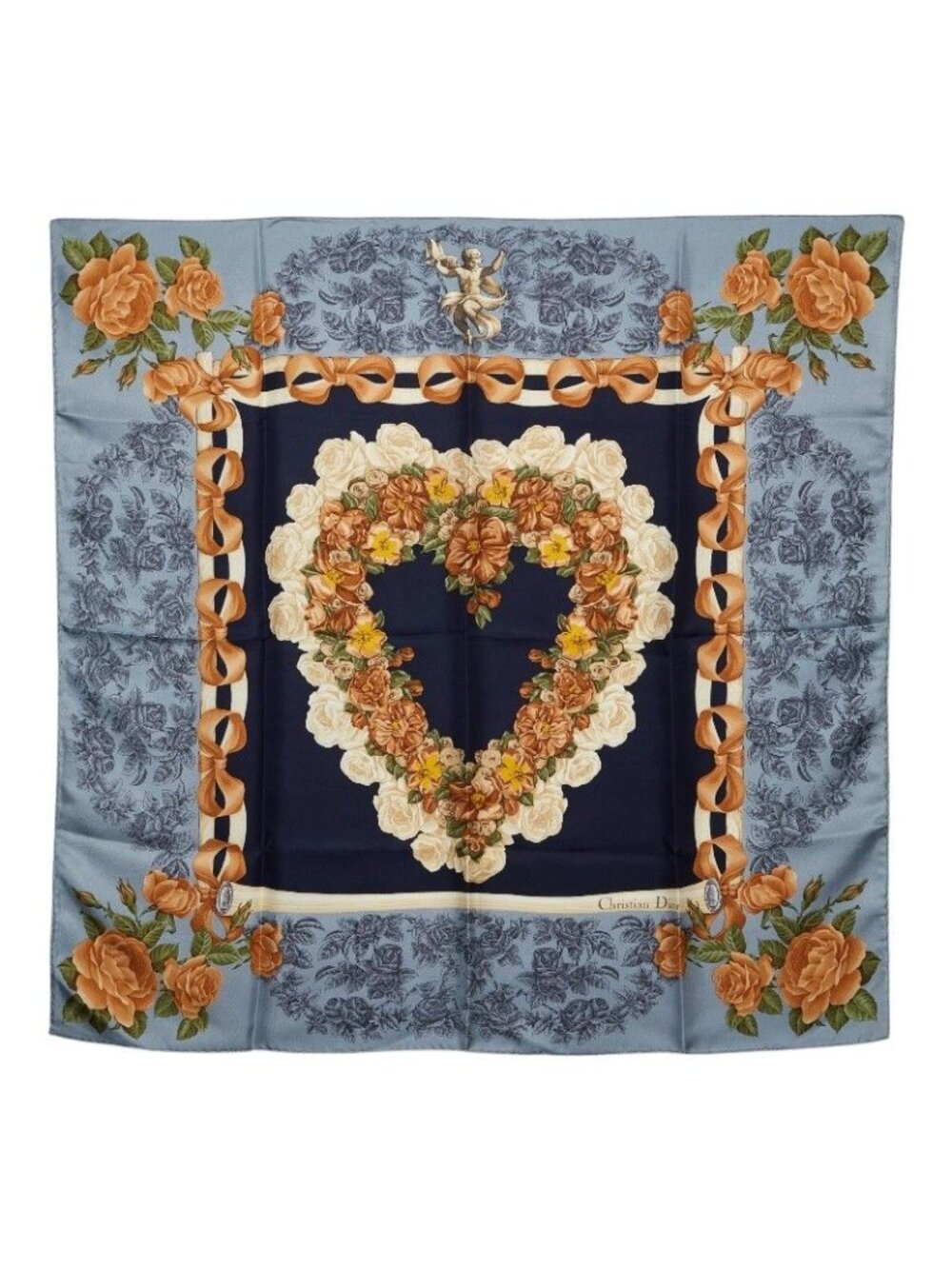 Dior Logo Flower Heart Motif Scarf Navy Blue Multicolor Silk - Picture 1 of 4